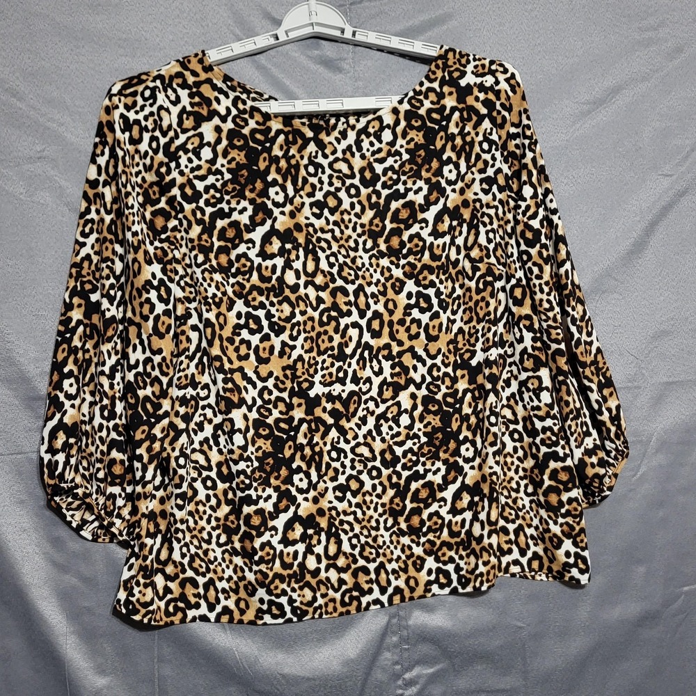 Talbots Blouse Womens 2X Brown Leopard Animal Print 3/4 Balloon Sleeve Top